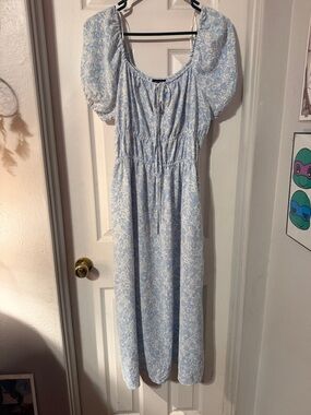 Who What Wear Blue and White Floral Maxi with Tie Neck